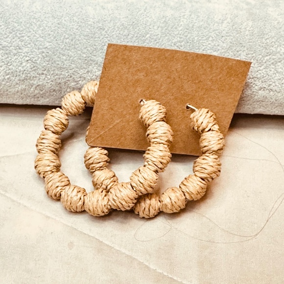 Bohemian Hoop Raffia Ratten Tan Earrings Post - Picture 3 of 8